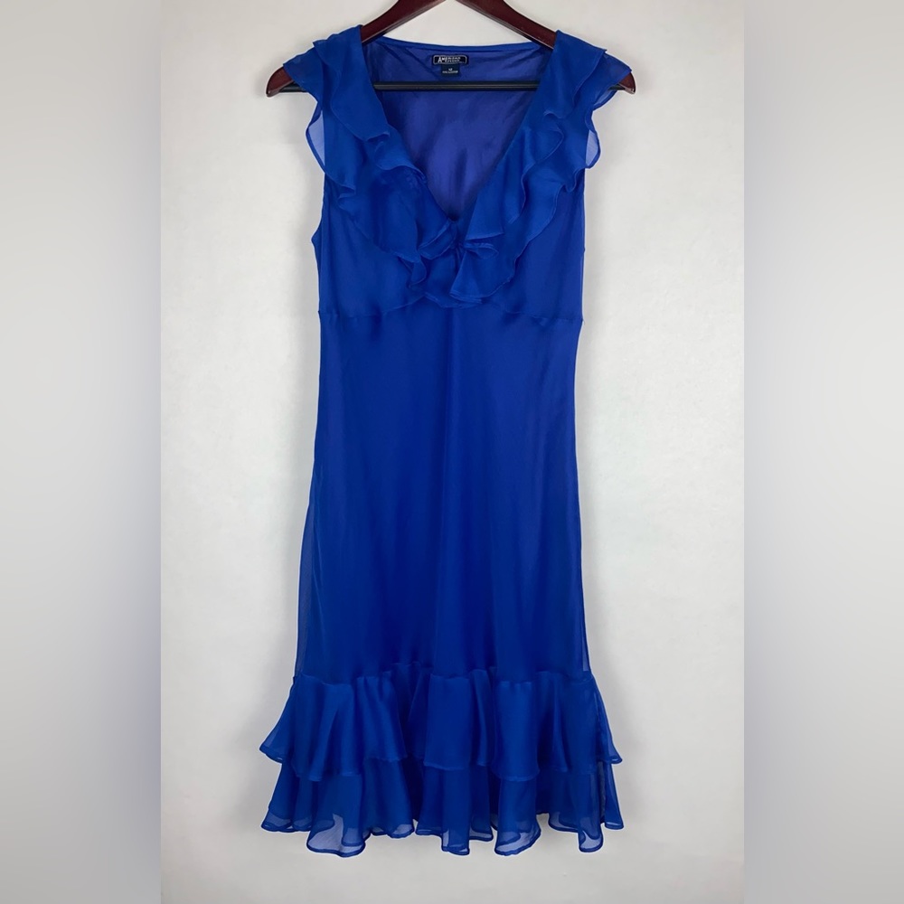 American Living Ruffle V-Neck Sleeveless Blue Midi Dress, 12 EUC